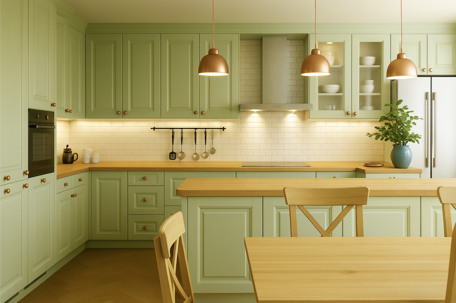 Green Shaker Cabinets Wood Countertop